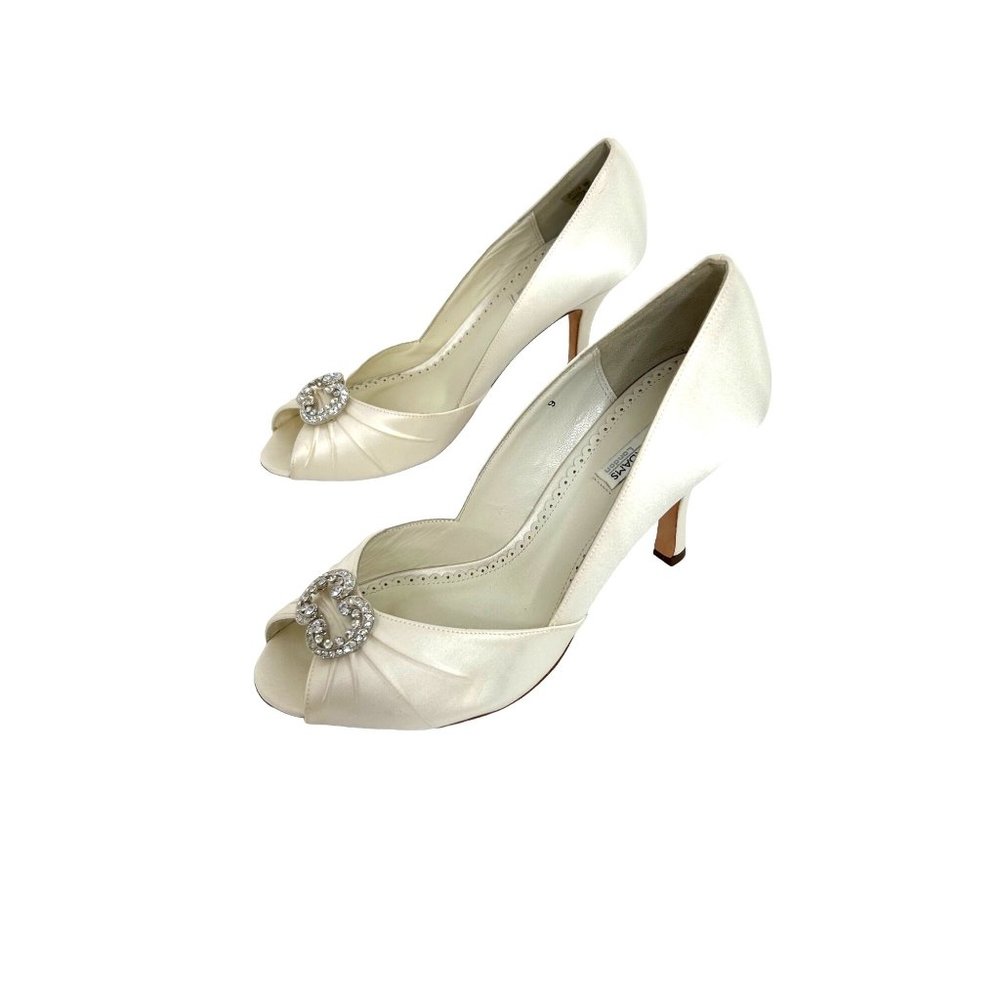 Benjamin Adams Women’s Wedding Bridal Shoe 9 Ivory Silk Leather Peep Toe Rhinest